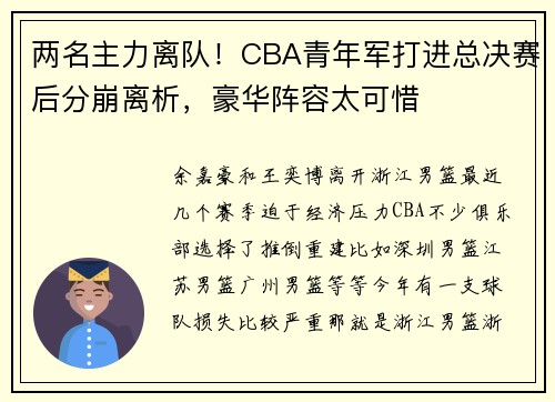 两名主力离队！CBA青年军打进总决赛后分崩离析，豪华阵容太可惜