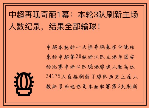 中超再现奇葩1幕：本轮3队刷新主场人数纪录，结果全部输球！